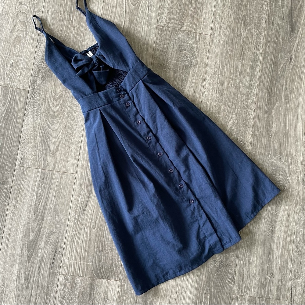 Blue High-Waisted Tie-Front Cutout Dress - Picture 3 of 5